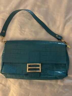 Teal Croc-Embossed Shoulder Bag with Gold Hardware